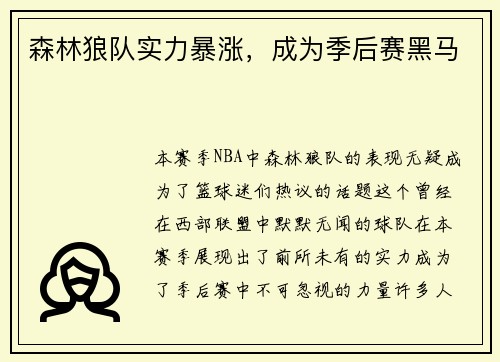 森林狼队实力暴涨，成为季后赛黑马