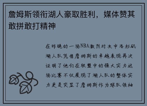 詹姆斯领衔湖人豪取胜利，媒体赞其敢拼敢打精神